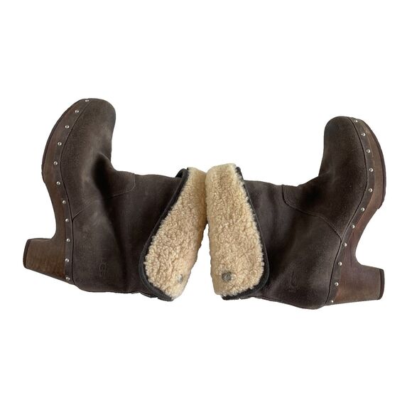 UGG Lynnea Wood Clog High Heel Boot Womens 8 Brown Upper Leather - Picture 3 of 13